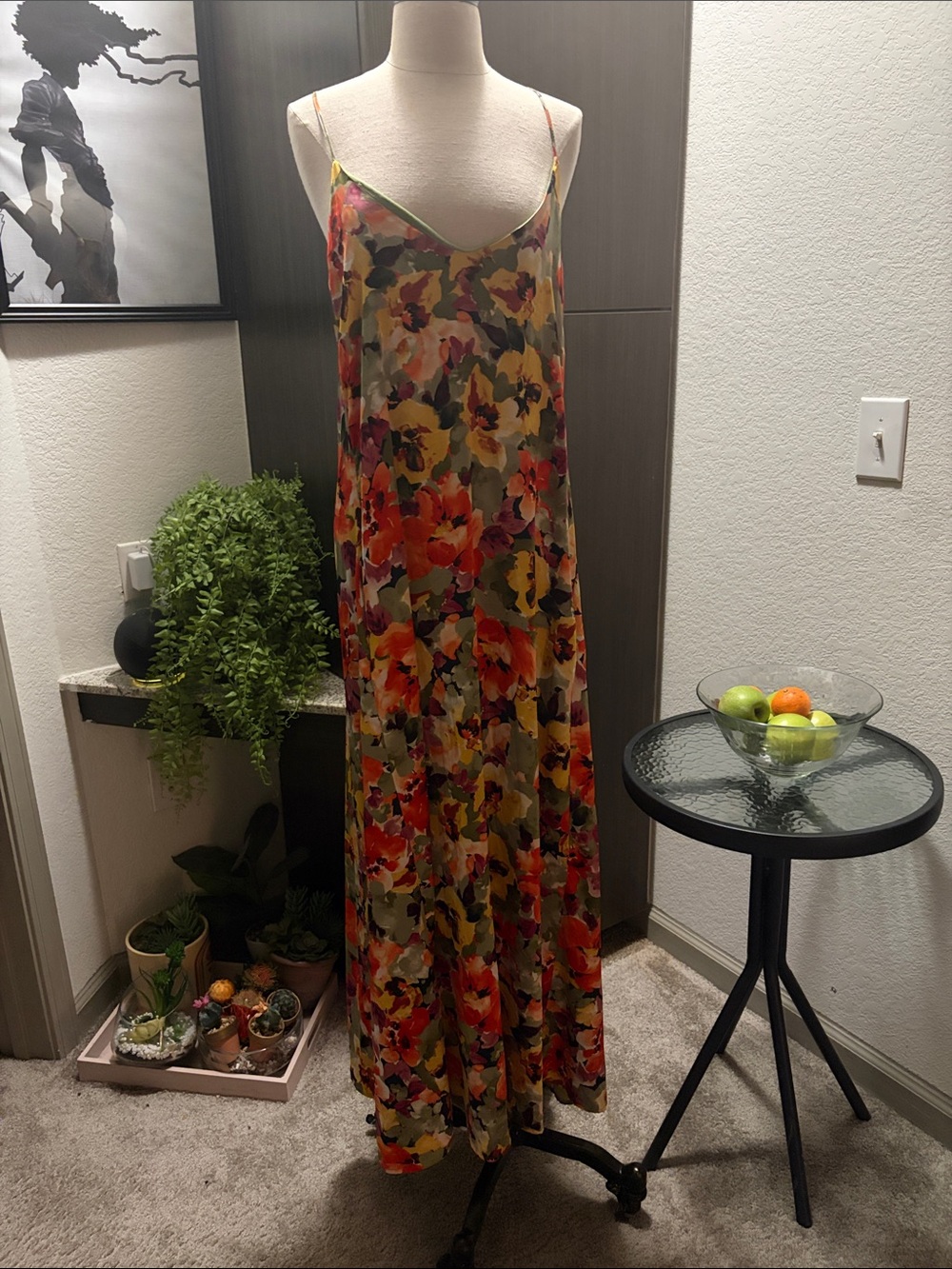 Floral Slip Maxi Dress in Olive with Coral Accents